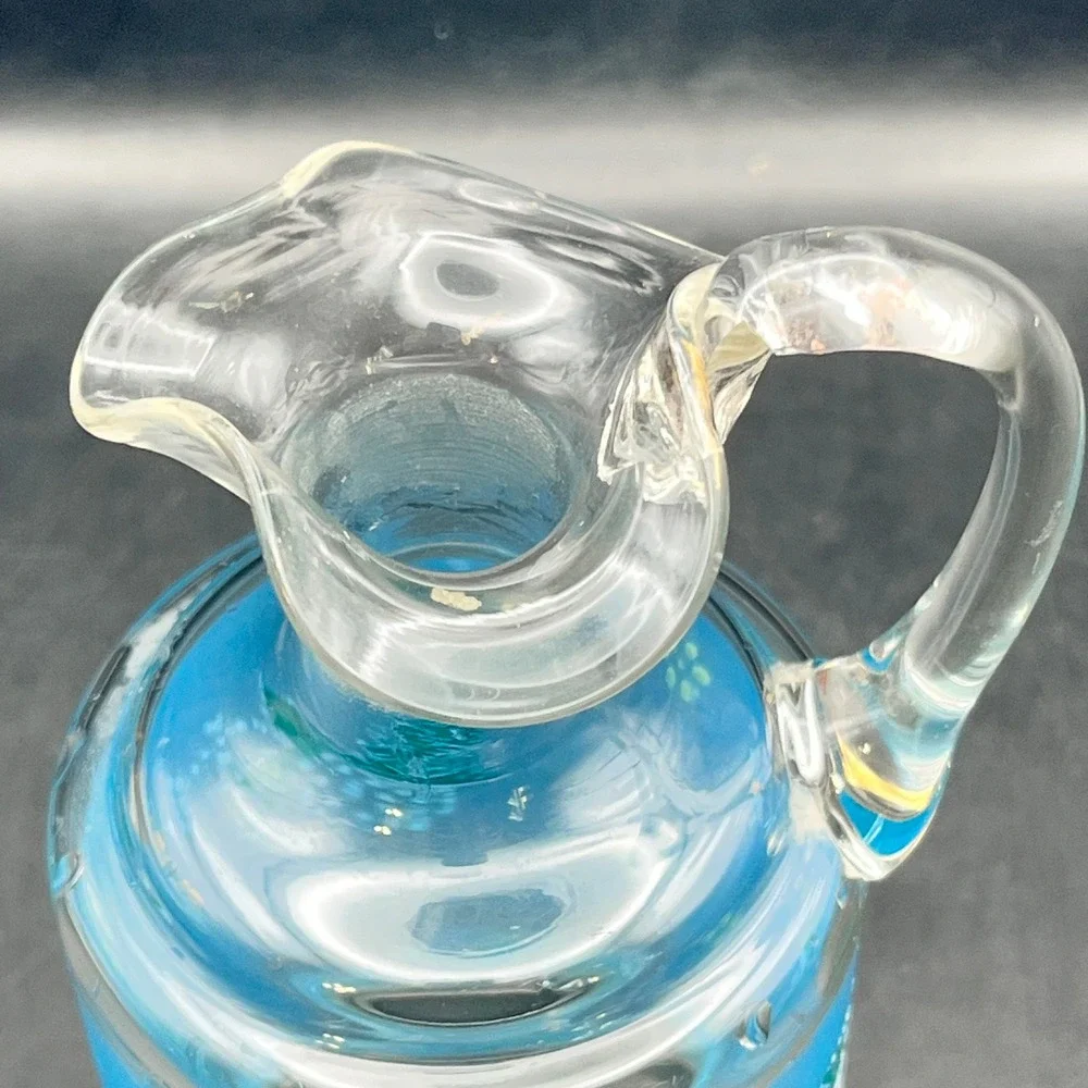 Vtg MCM Blue Frosted‎ Hand Painted Hand Blown Glass Cruet Stopper Berry As Is 7